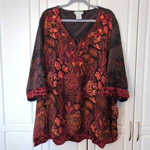 Ulla Popken 100% Cotton Size 24/26 Embroidered Red Brown Artsy Lagenlook Top